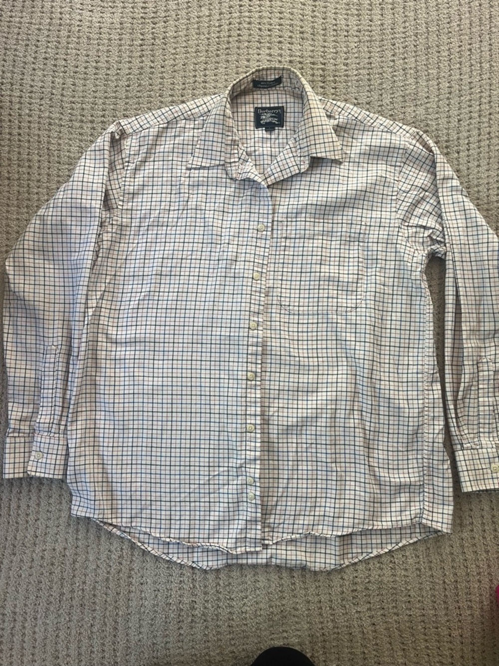 Burberry Men's White Shirt with Navy and Light Brown Windowpane